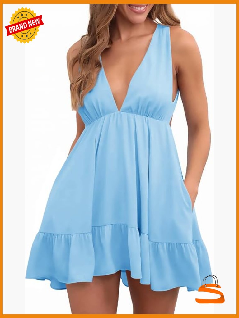 Womens Summer Mini Dress Loose Ruffle Deep V-Neck Backless Strap Solid Short